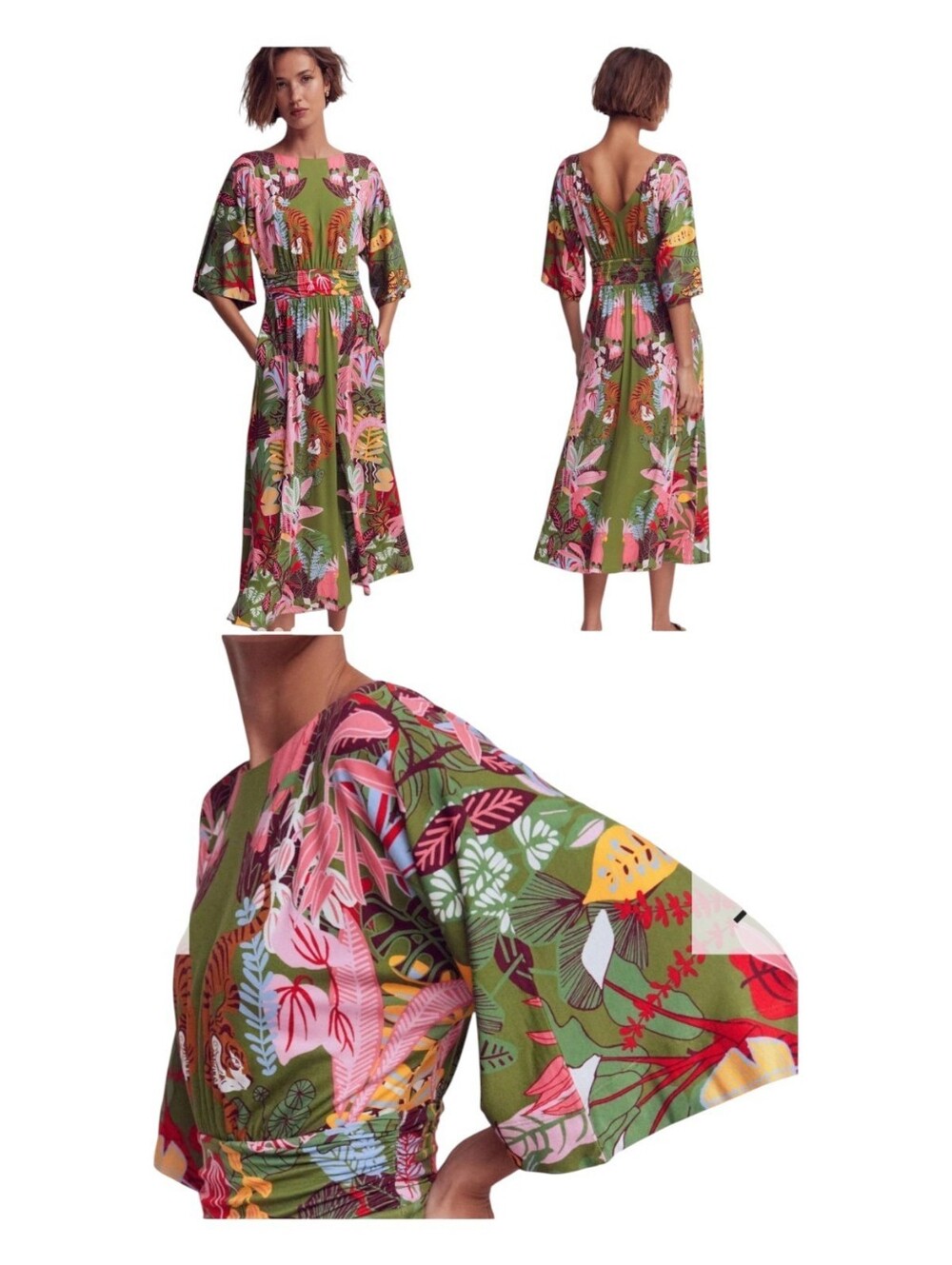 Boden Dress Imelda Kimono Jersey Olive Tropical Safari Size 4P